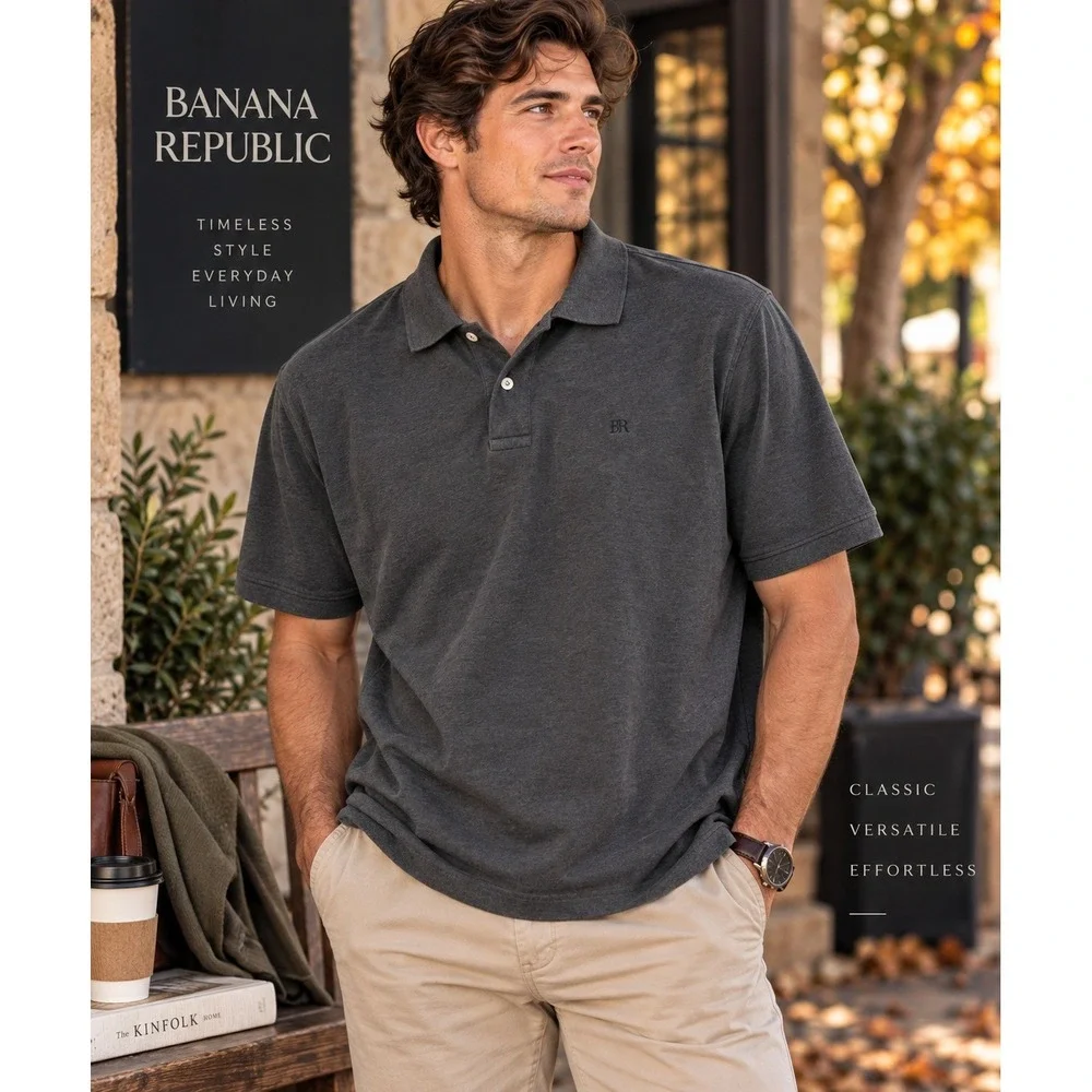 Banana Republic XXL Polo Shirt Charcoal Gray Organic Cotton Tonal Logo Preppy